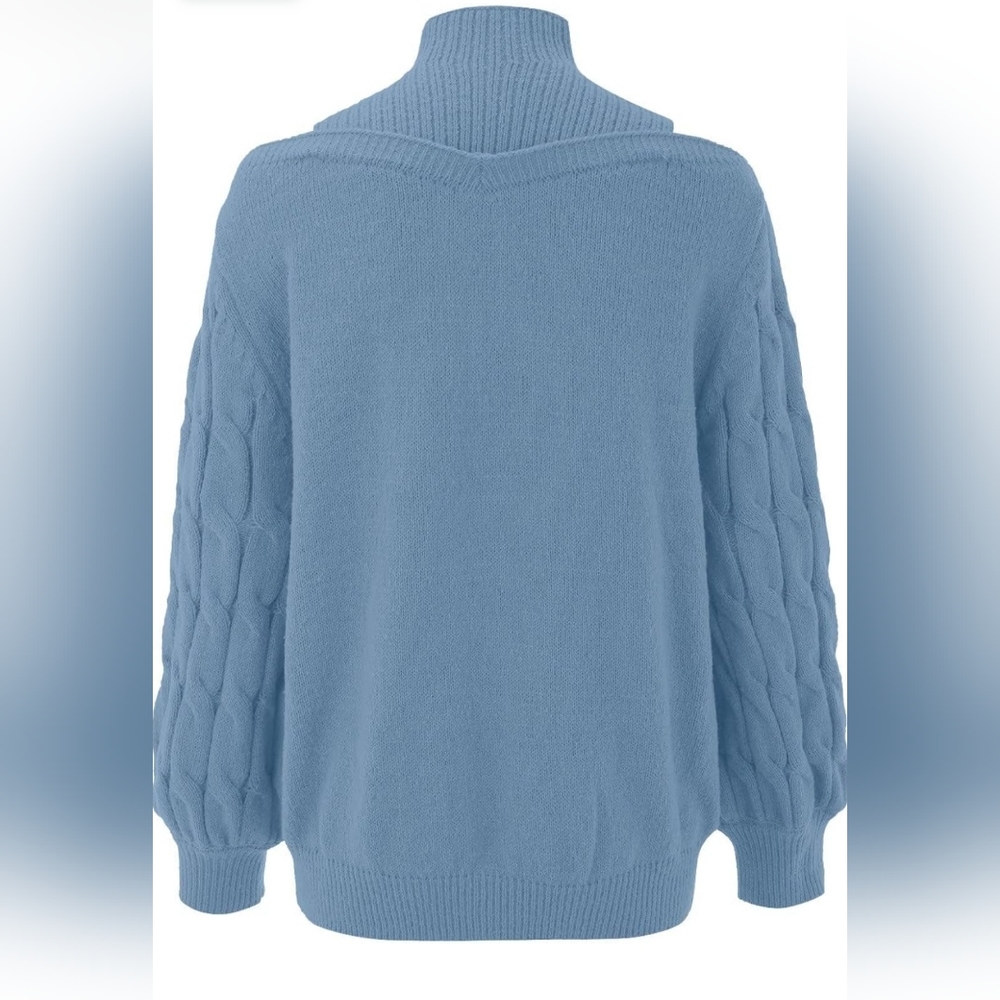 Cold Shoulder Turtleneck Long Sleeve Loose Ribbed Knit Pullover Sweater-(Large) - Picture 2 of 9